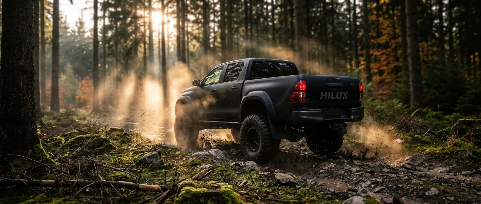 Höhergelegter Toyota Hilux von Michaelis Tuning im Wald des Spessart
