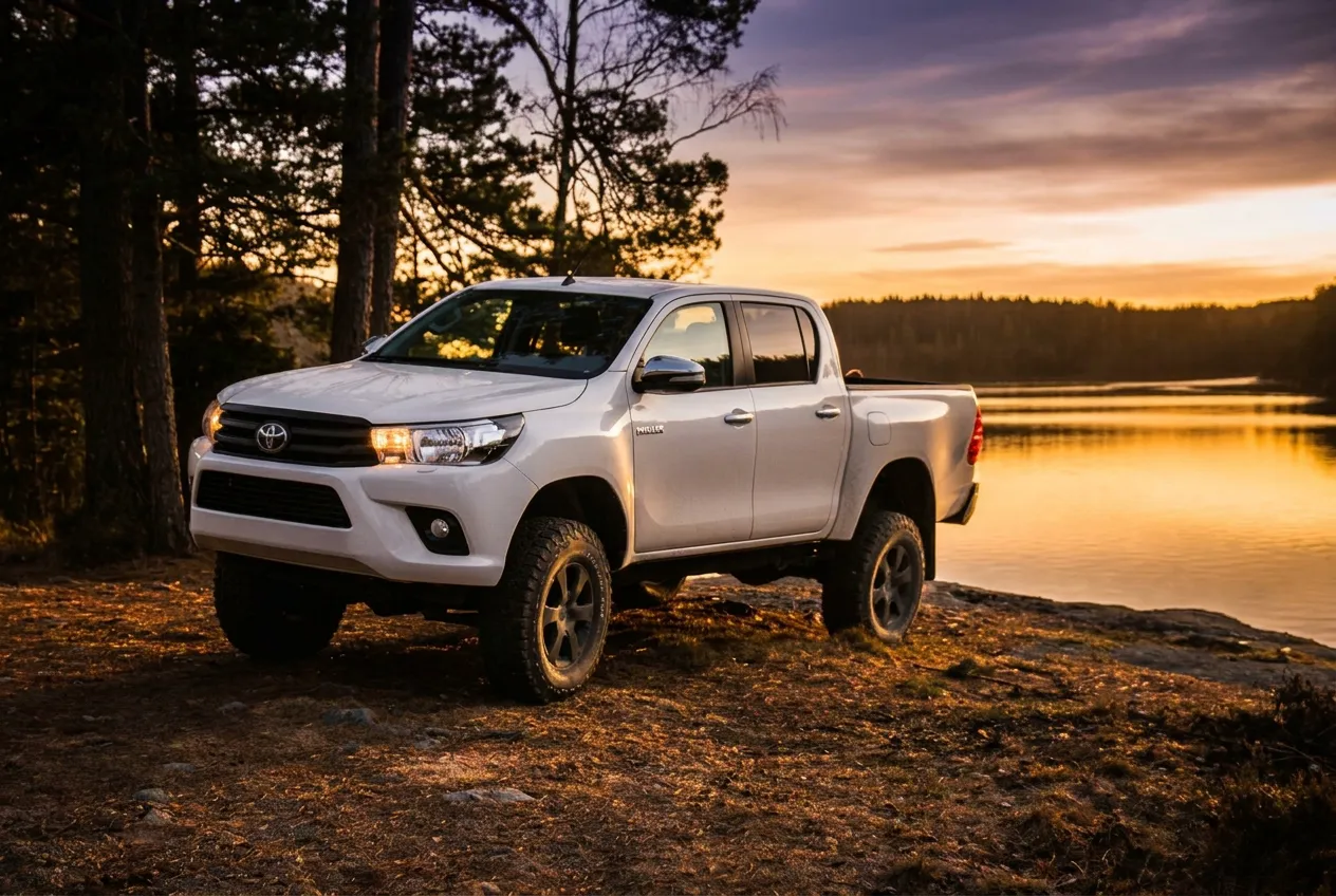 Weißer Toyota Hilux von Michaelis Tuning am See im Abendlicht
