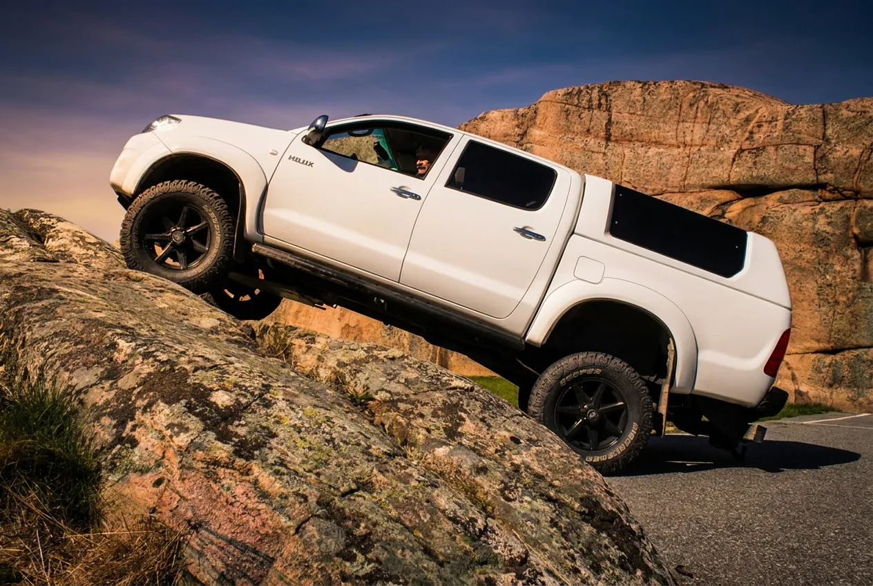 Weißer Toyota Hilux Tuned by Michaelis auf einem Felsen