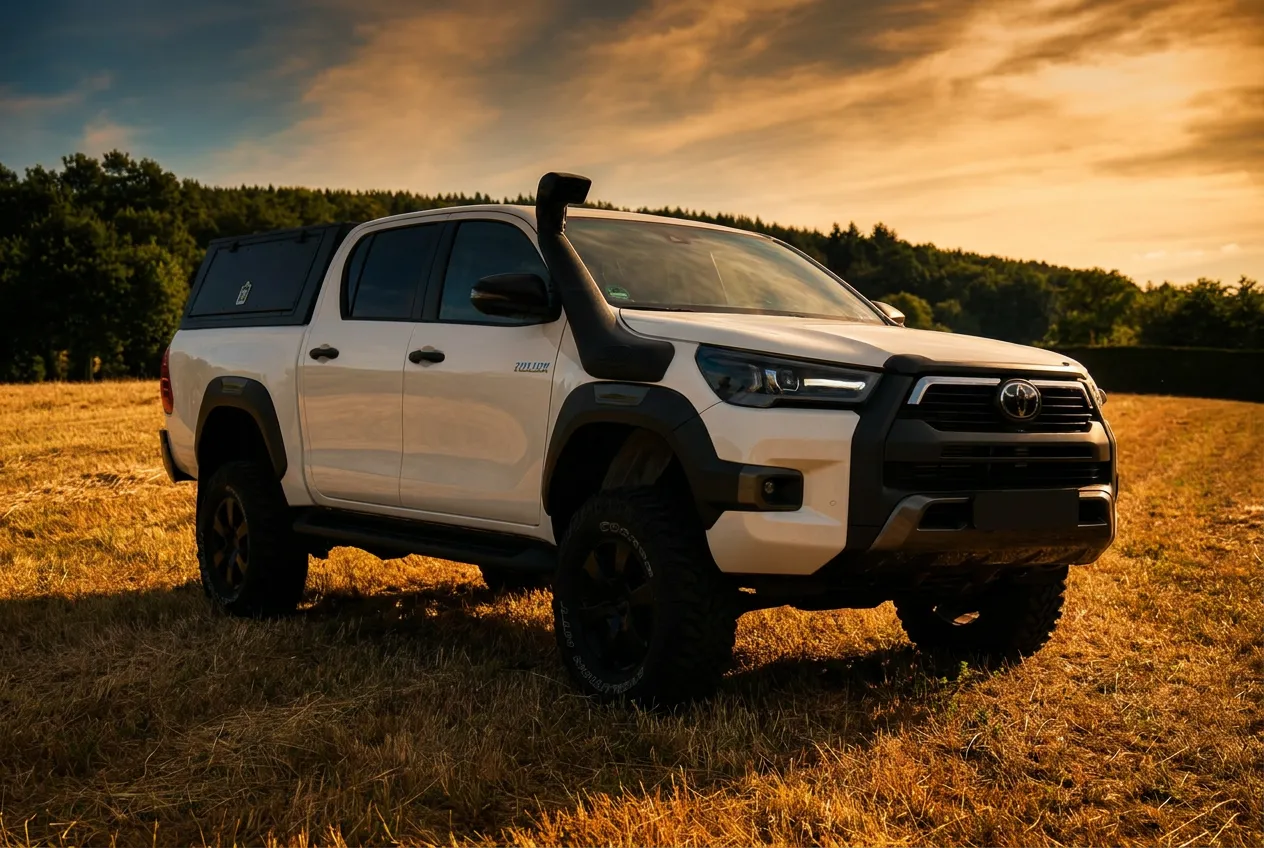 Höhergelegter Toyota Hilux mit Schnorchel auf dem Feld