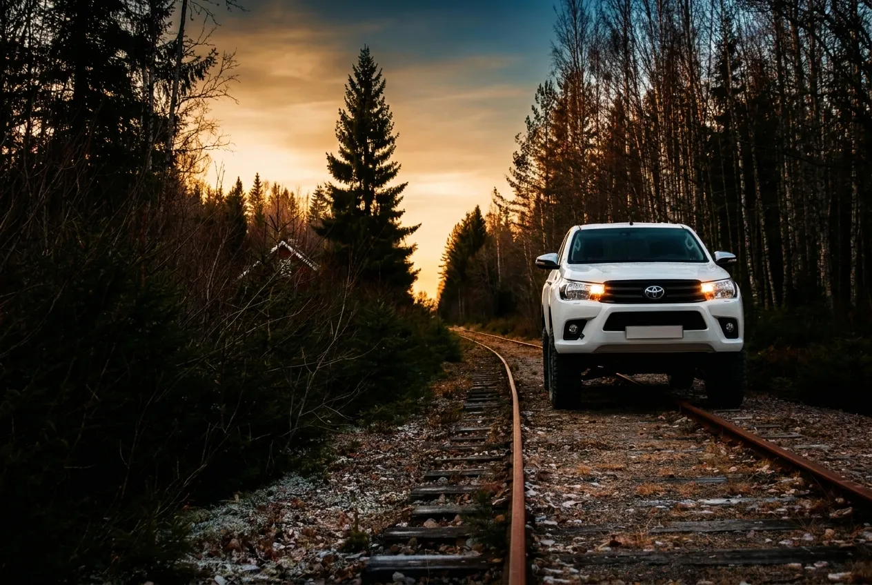 Toyota Hilux von Michaelis Tuning auf einer Bahntrasse im Winterwald