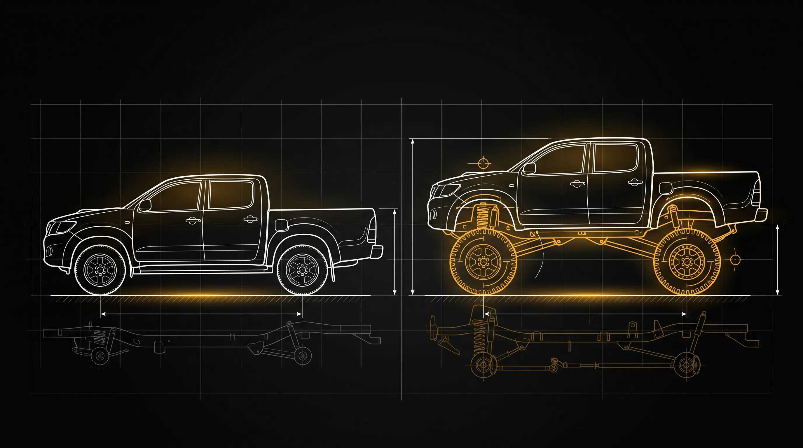 Technische Vergleichszeichnung: Toyota Hilux serienmäßig gegenüber dem höhergelegten Michaelis-Umbau